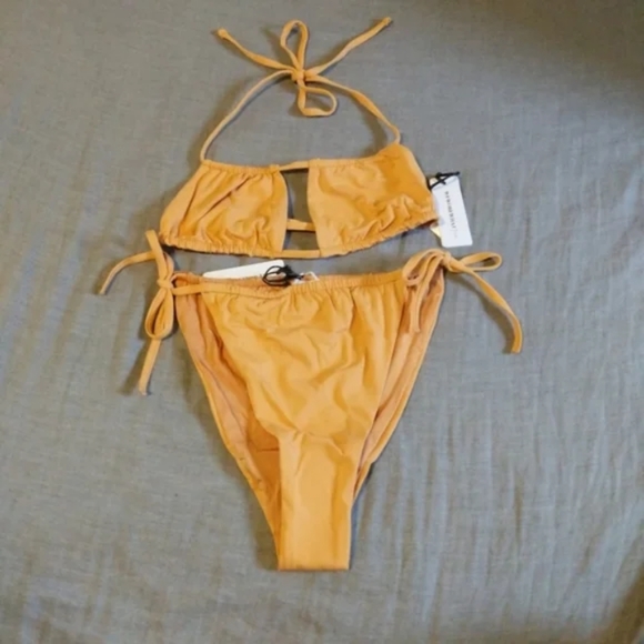 WeWoreWhat Ruched Bandeau Top High Leg Tie Side Bikini Bottoms Gold - Picture 2 of 8
